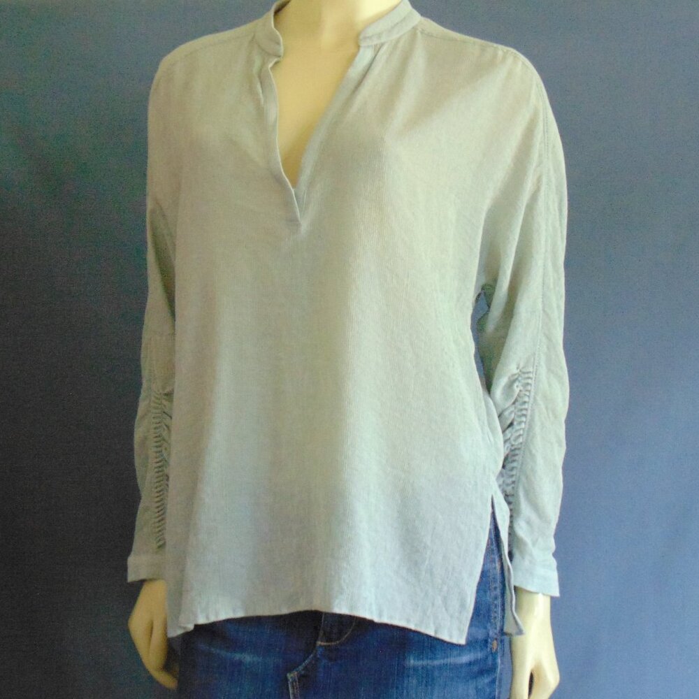Brochu Walker Dove Gray Striped Gathered Cuff Popover Top Sm